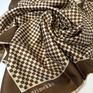Marimekko Silk Scarf 26” Brown Cream Geometric Check Vintage Finland